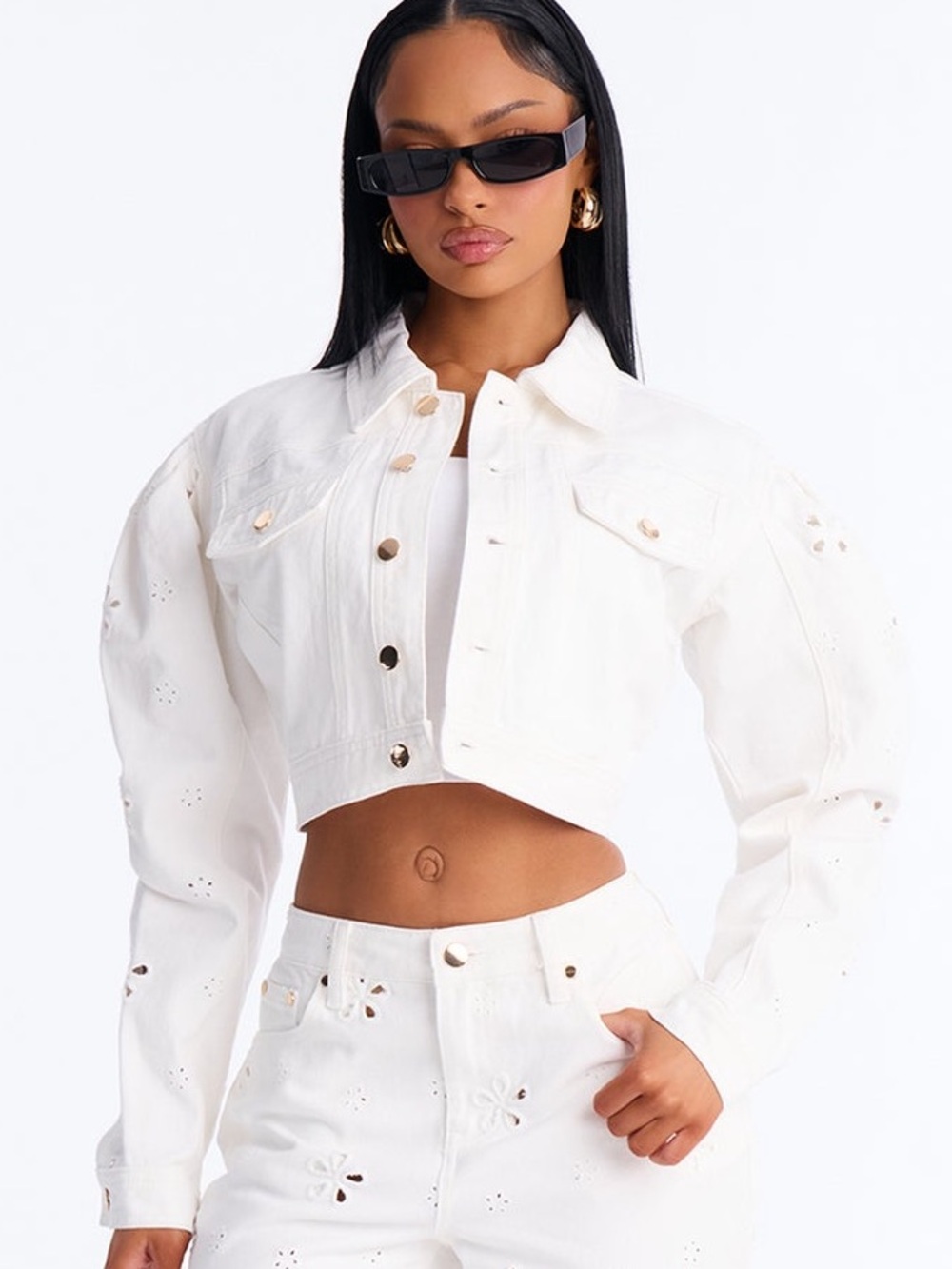 Fashion Nova Valencia Eyelet Balloon Sleeve Jacket in White